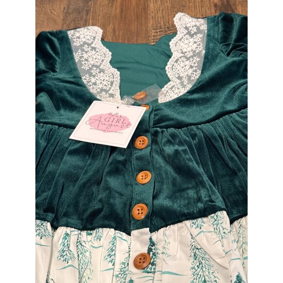 NWT Girl August Velvet & Lace Long Sleeve Dress Size 7 Green & White - Picture 4 of 10